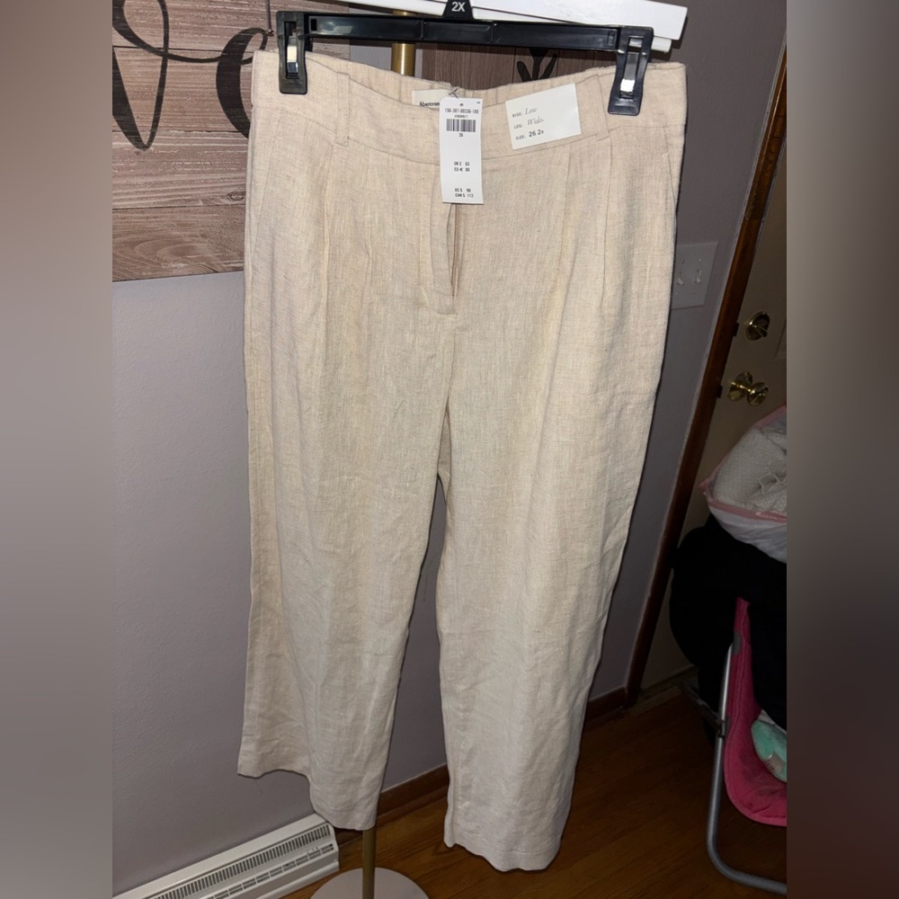 Abercrombie & Fitch Beige Wide-Leg Linen Pants